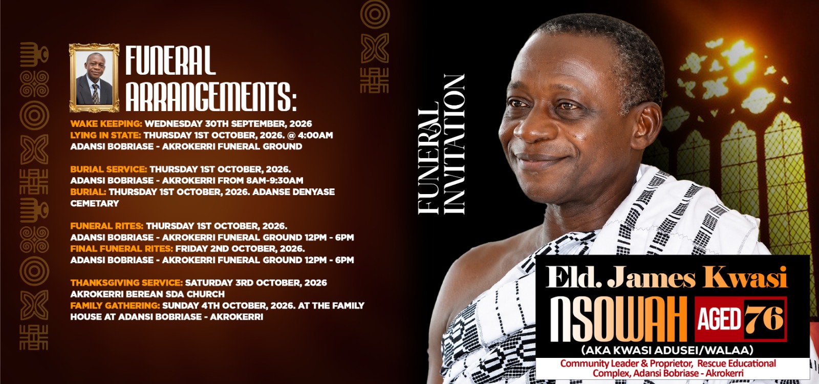 Funeral invitation for Eld. James Kwasi Nsowah